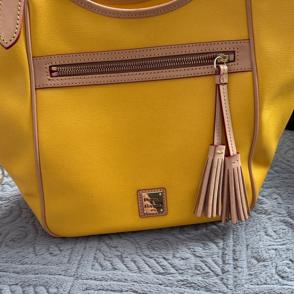 Dooney & Bourke Yellow Tote with Tan Trim and Tassel